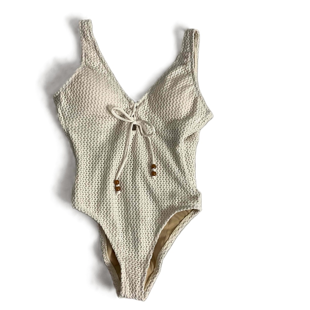 NWT‎ Shade & Shore Beige Adjustable V-Neck Textured Swimsuit Womens Small 4/6